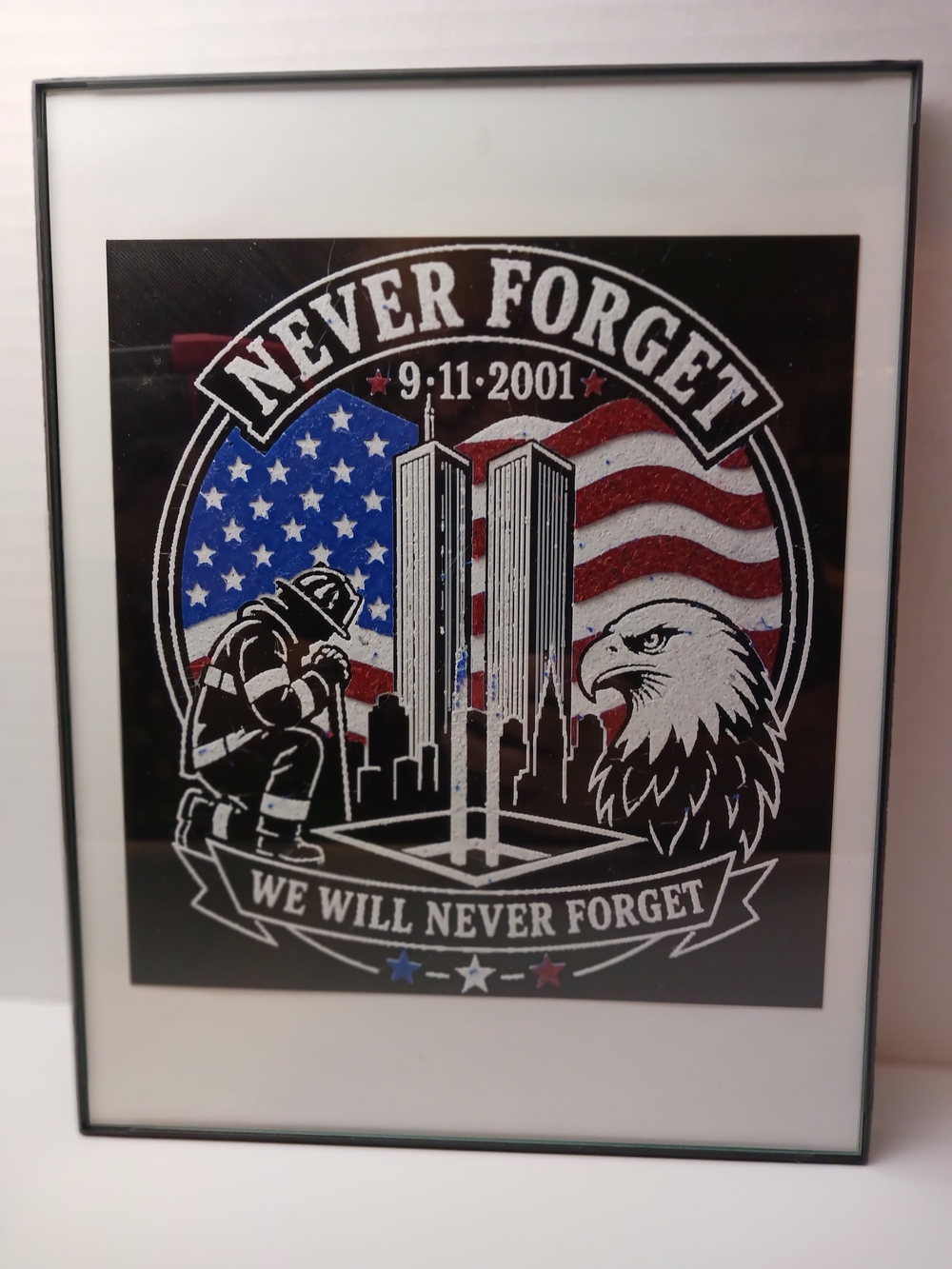 Never Forget 9/11 Framed Memorial Wall Art - Black, Red, White, Blue